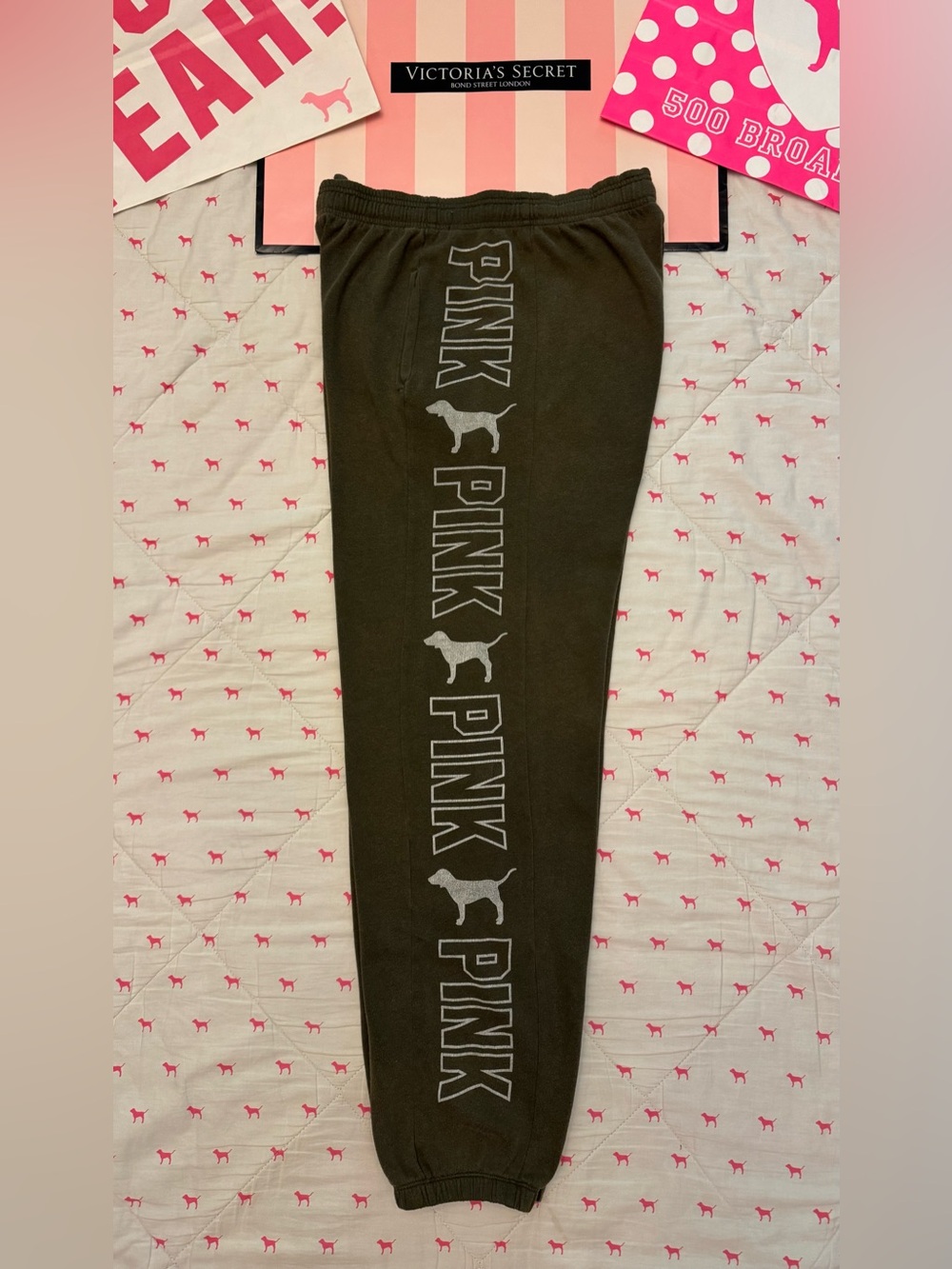VS PINK VINTAGE Y2K CAMPUS SWEATPANTS OLIVE GREEN ALL OVER DOG PUP LOGO RARE XS